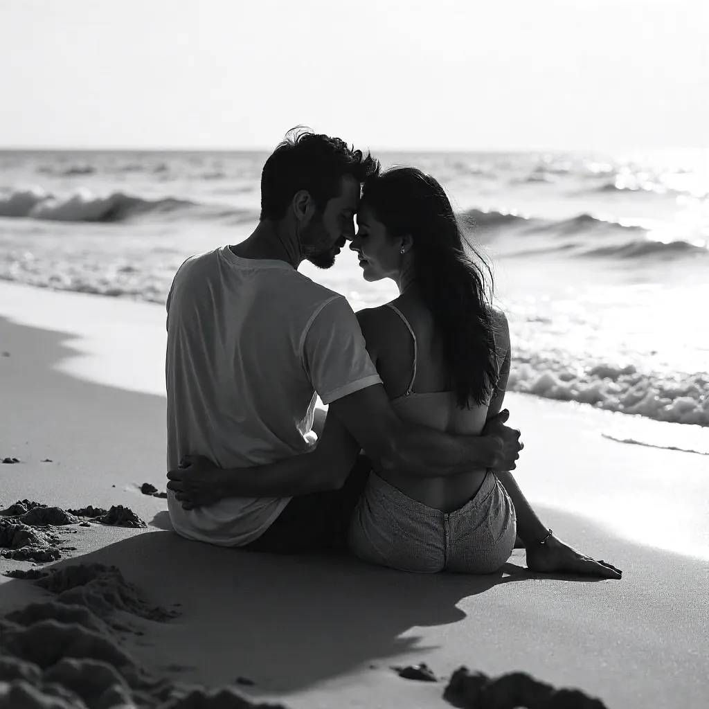 Monochrome Beach Embrace at Dusk