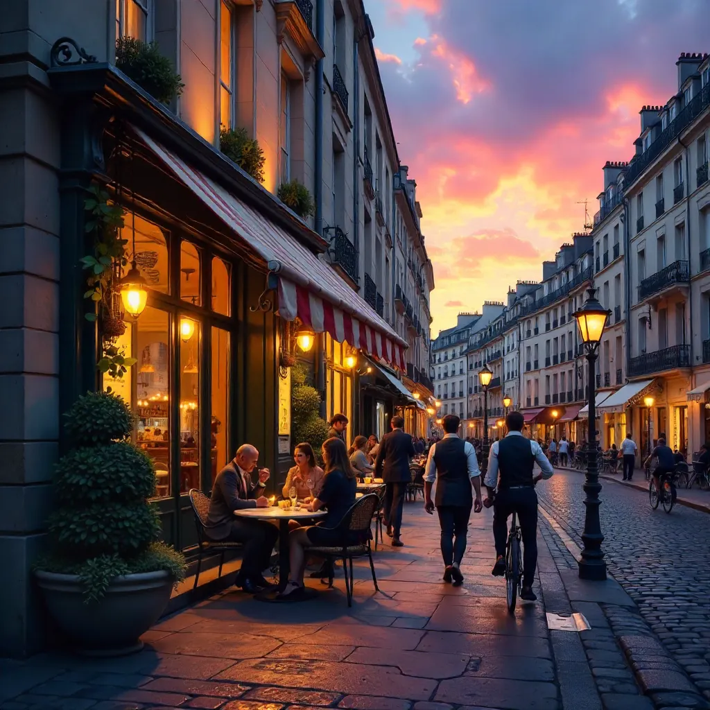 Dusk on a Cozy Parisian Café Facade