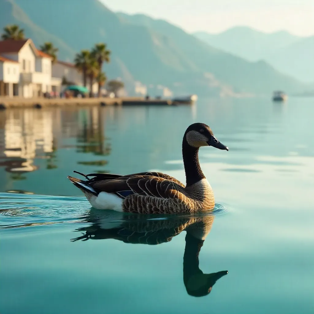 Duck gliding on Antalya's reflective waters at golden hour