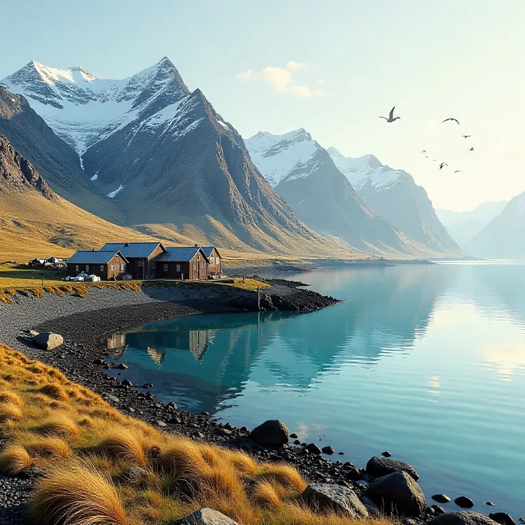 Grytviken Harbor beneath Snowy Southern Peaks