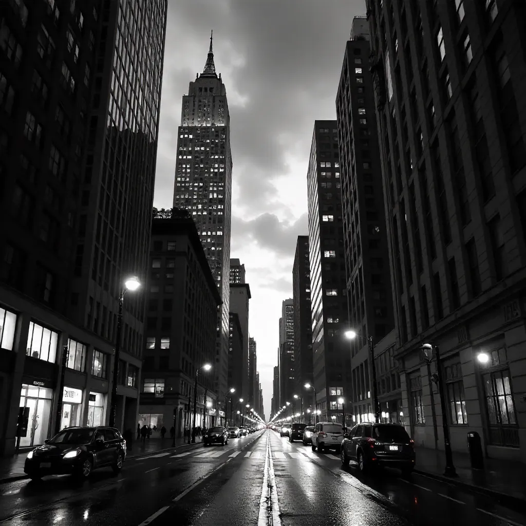 Noir Twilight: Monochrome City Skyline at Dusk