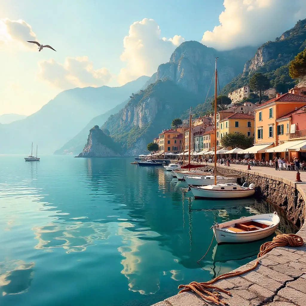 Harbor at Golden Hour: Boats, Mountains, and Town