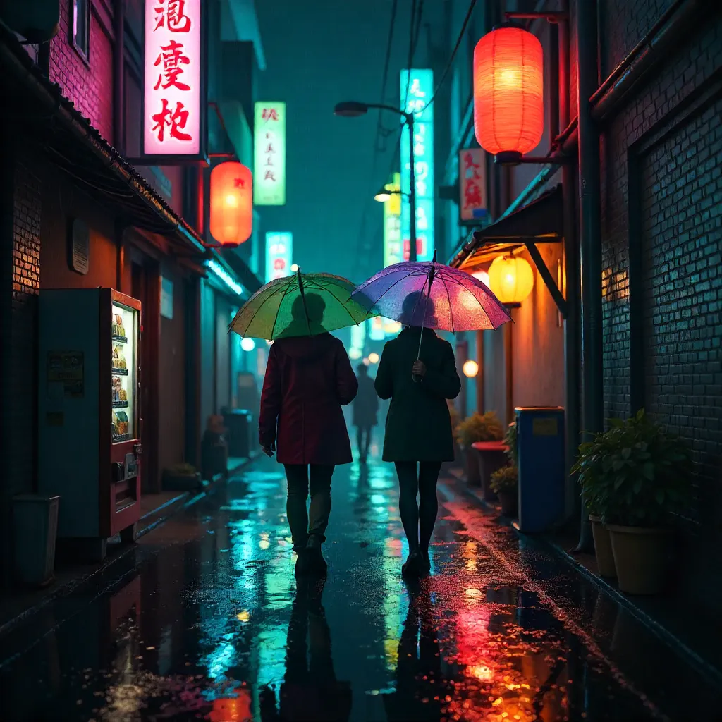 Two Umbrellas in Neon Tokyo Alley at Night