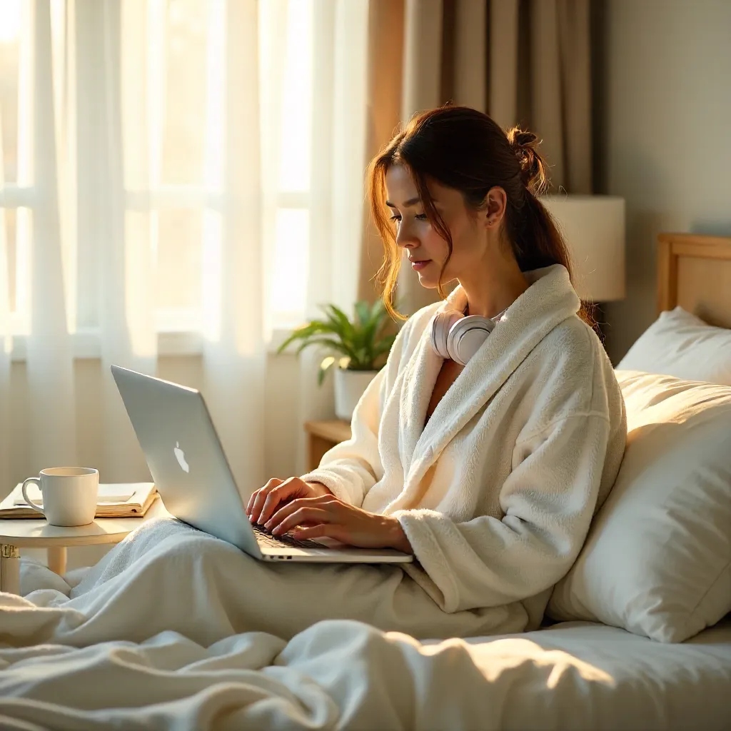 Freelance Morning: Bathrobe, Laptop, Bedside Bliss
