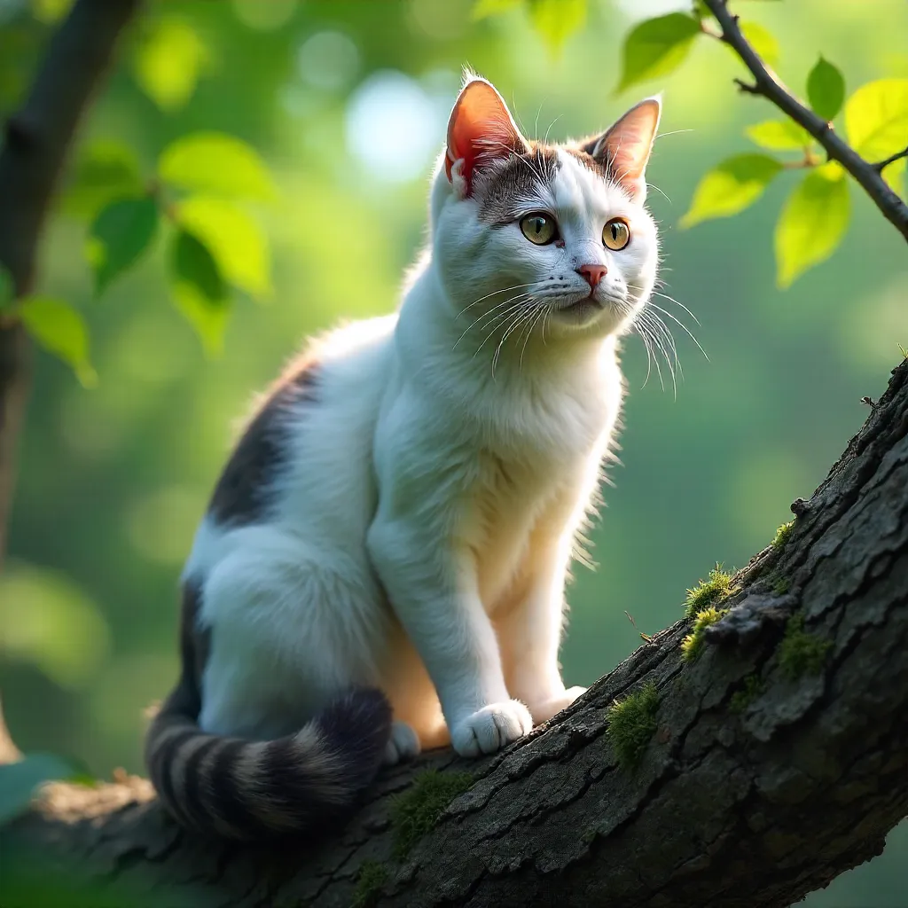 White and Gray Cat Perched on a Sunlit Tree Branch