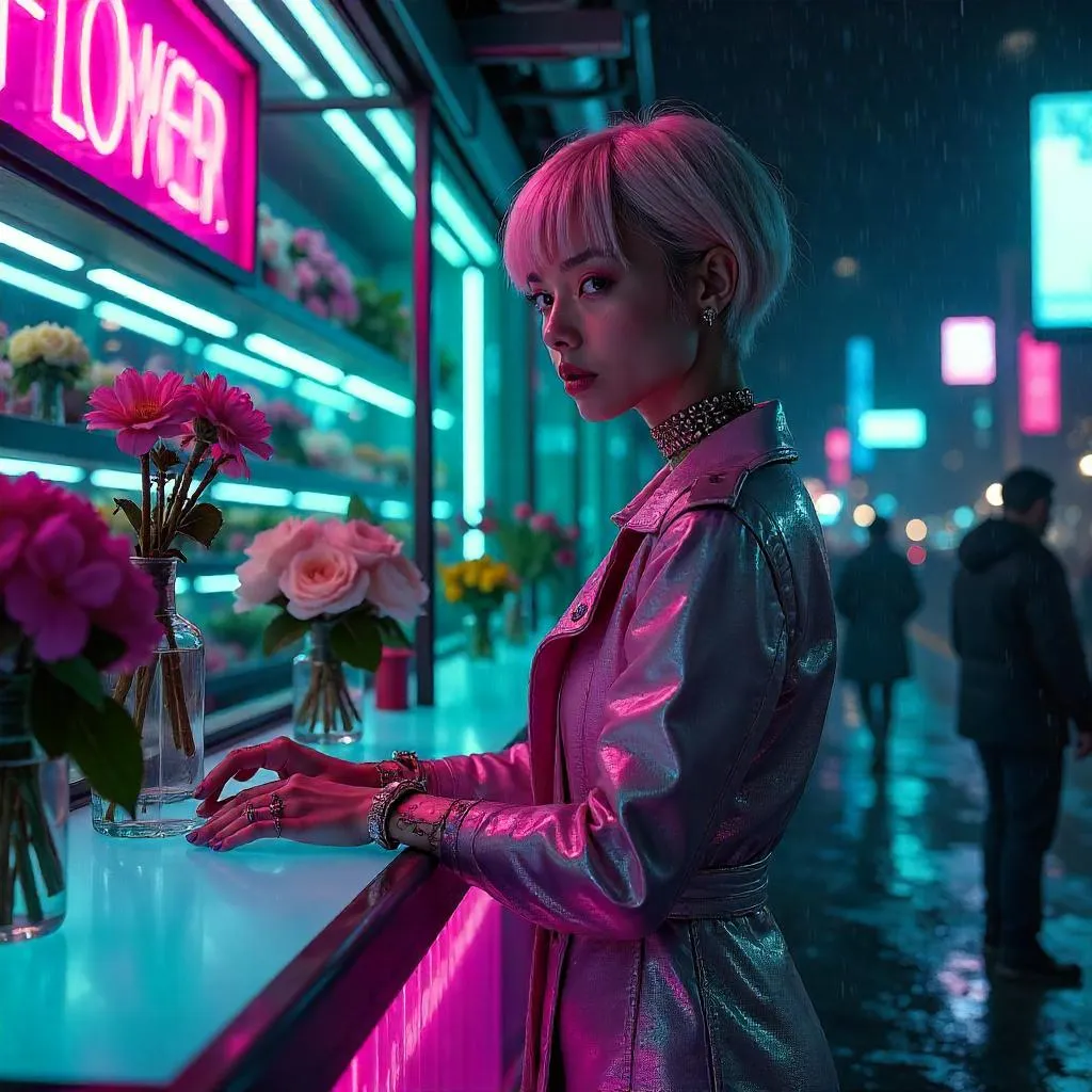 Neon Bloom: Cyberpunk Flower Shop Encounter