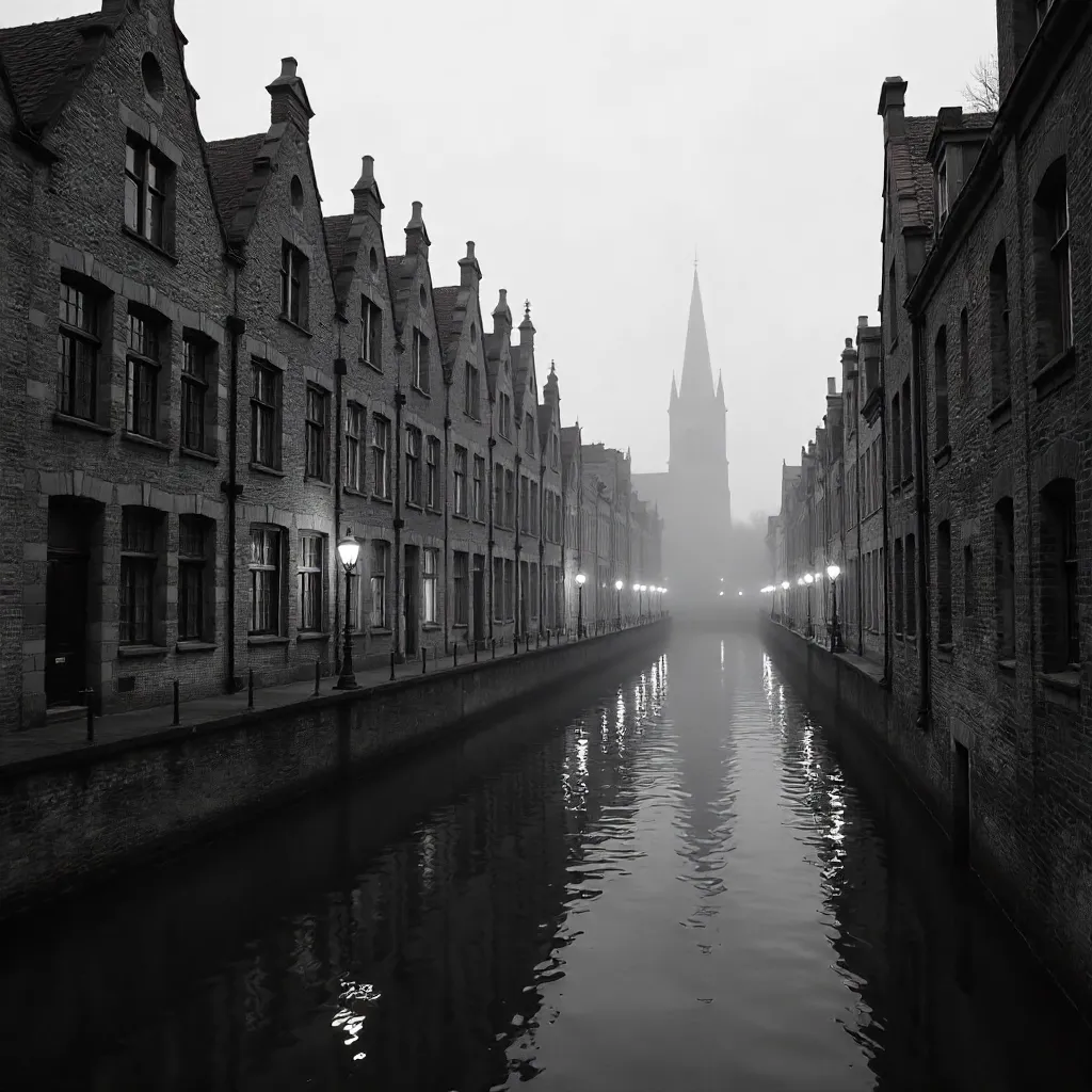 Moody Black-and-White Ghent Canal Scene