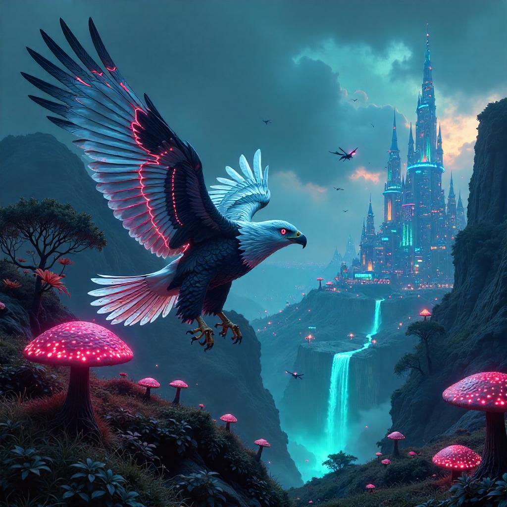 Cyberpunk Eagle Over Fairy Wonderland