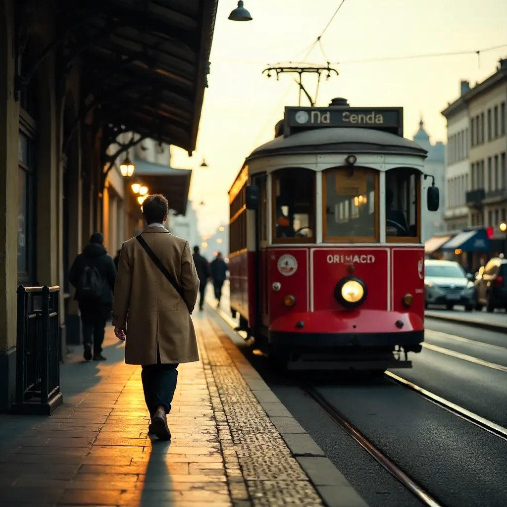 Beige Coat Approaches a Vintage Red Tram