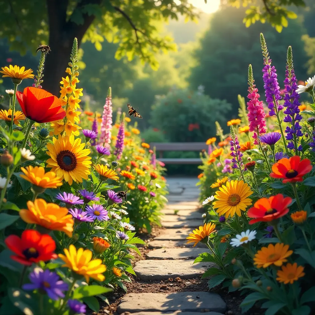 Vibrant Wildflower Garden in Summer Sunlight