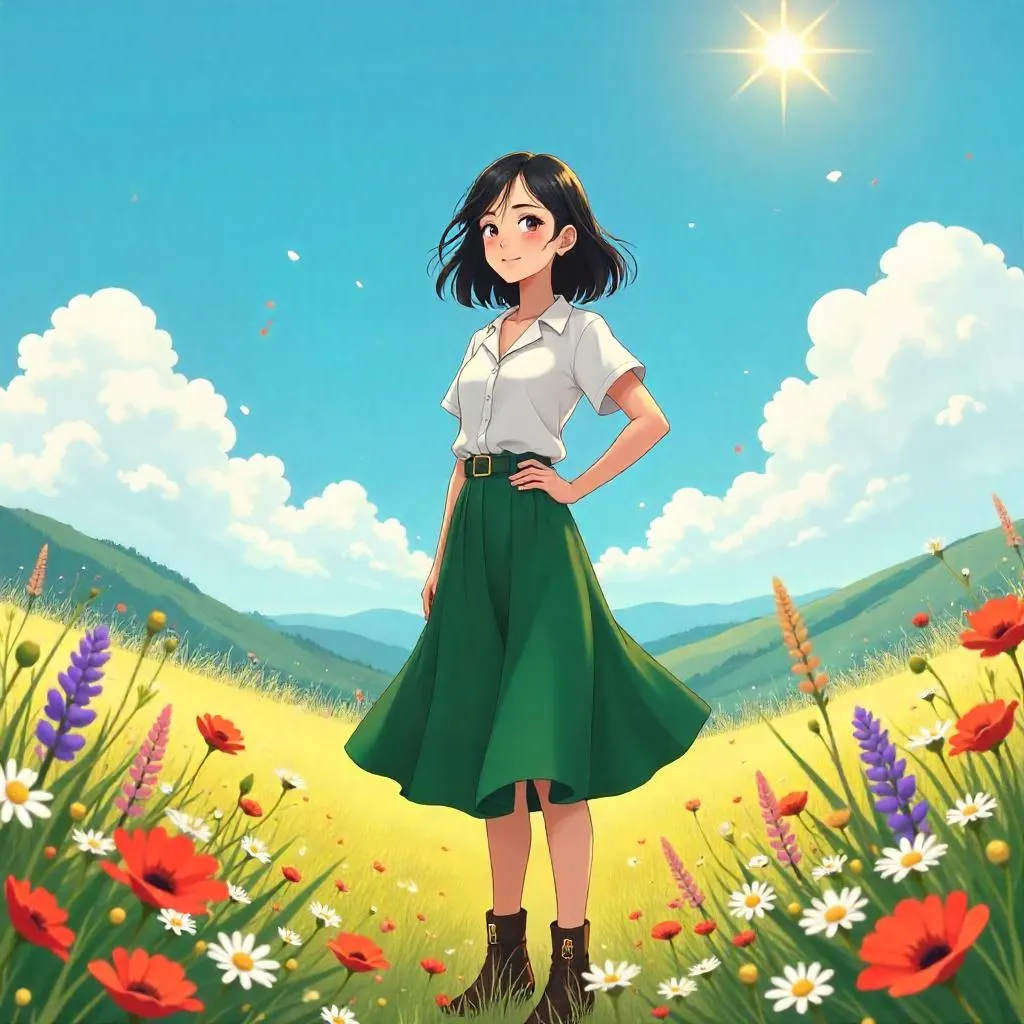 Confident Anime Asian Woman in a Field of Flowers
