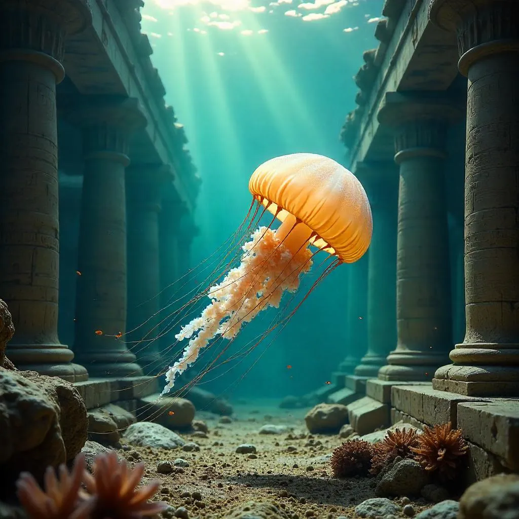 Jellyfish drift through submerged archaeology