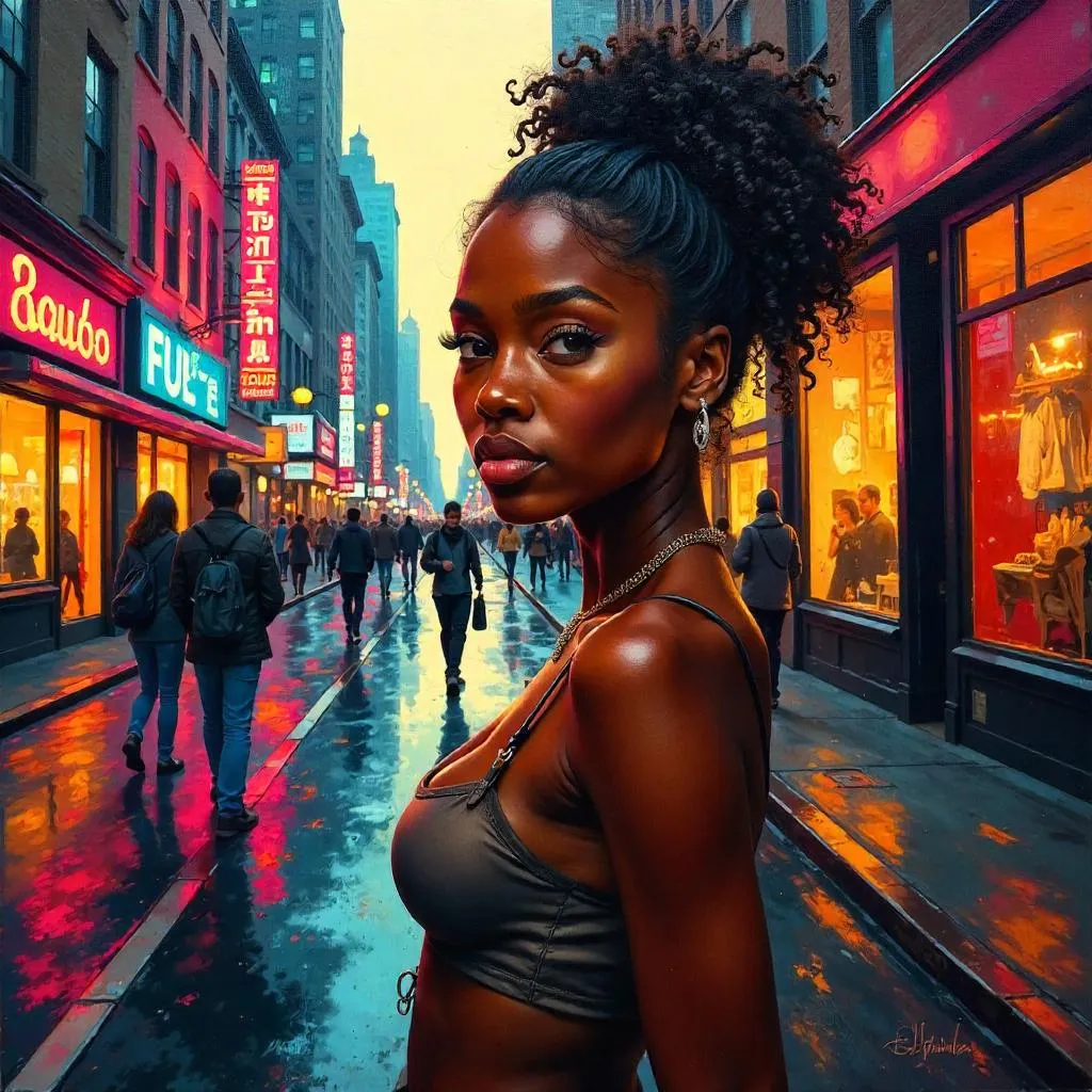 Golden Hour Downtown Oil Portrait of a Beautiful Black Girl