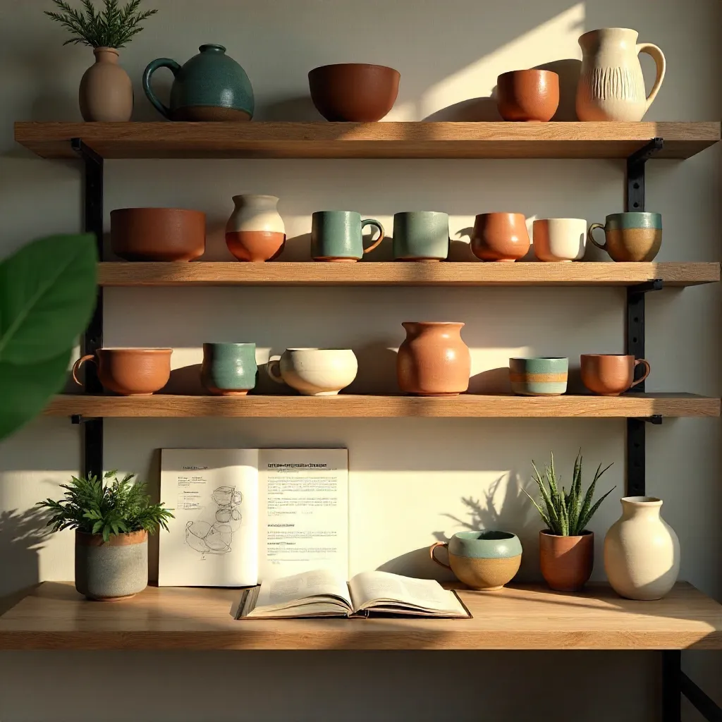 Cozy Wooden Shelves with Handmade Pottery and Book