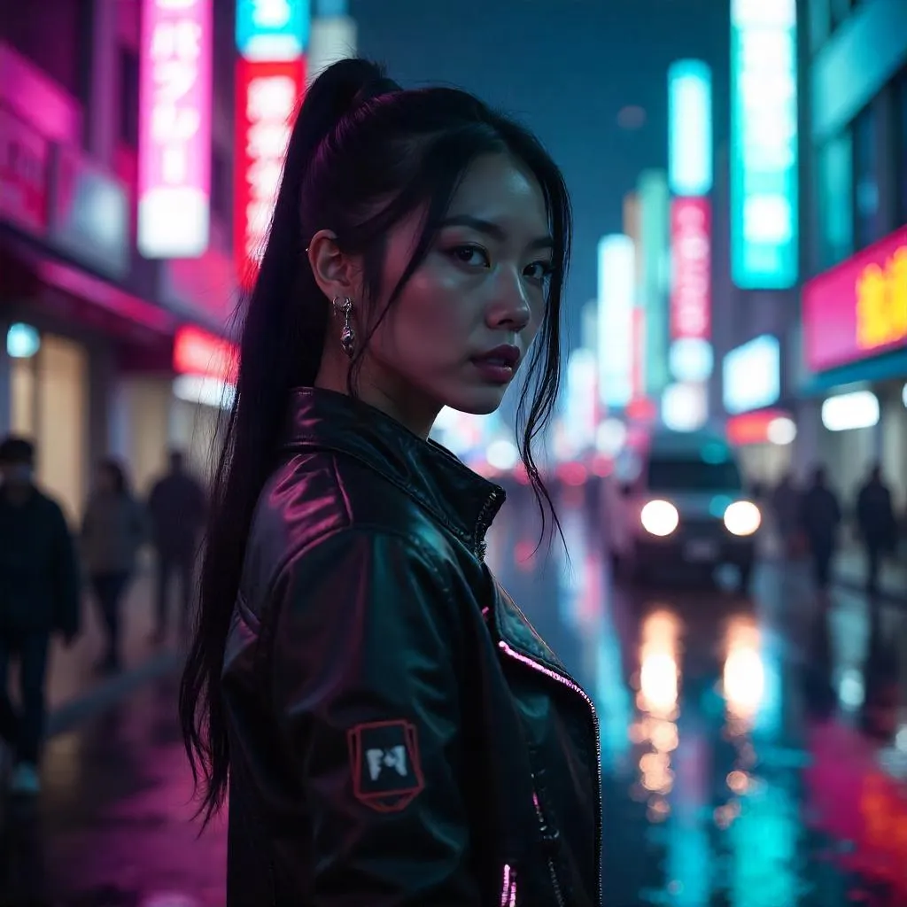 Neon Night: Asian Woman on a Cyberpunk Street