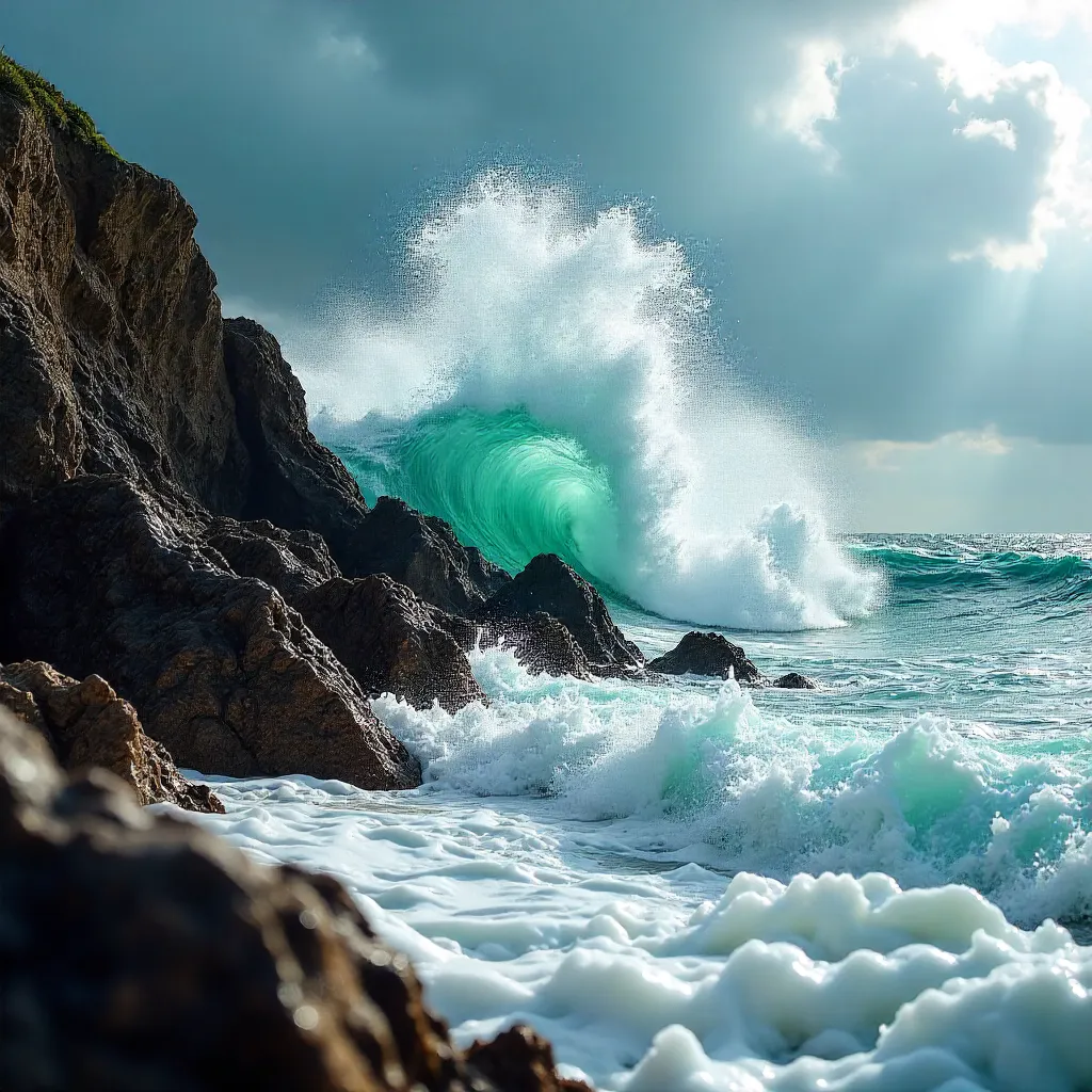 Turquoise Wave Clash on Rugged Coastal Rocks