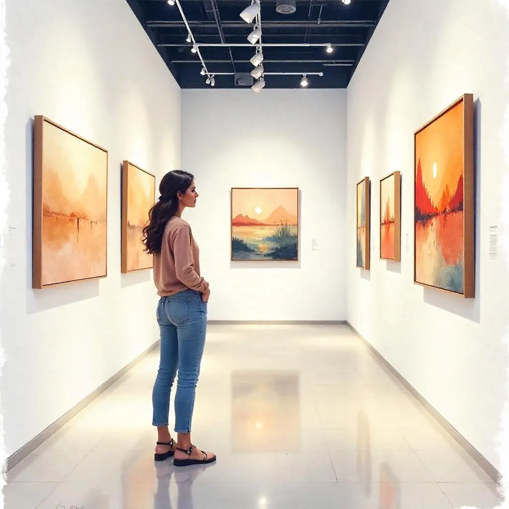 Watercolor Portrait of a Young Middle Eastern Woman in an Art Gallery