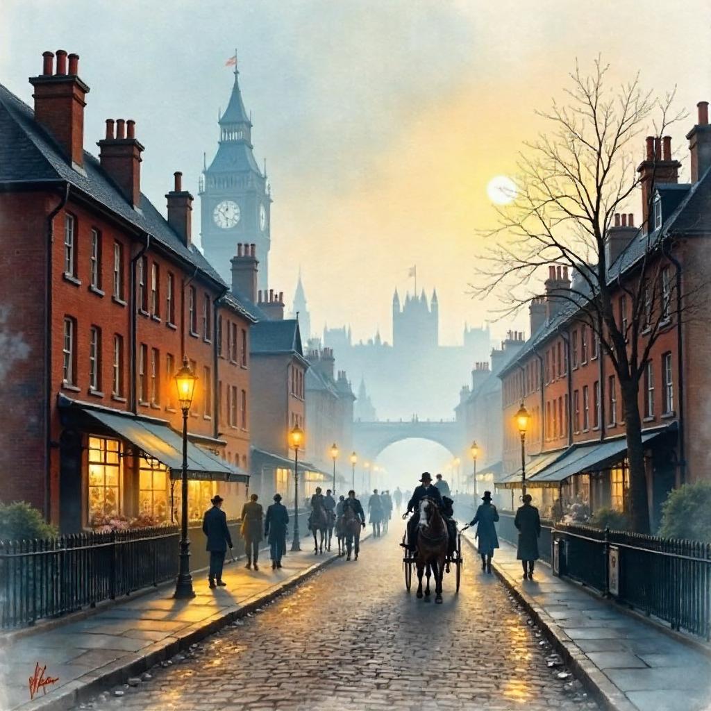 Watercolor Cityscape of Victorian London in Fog