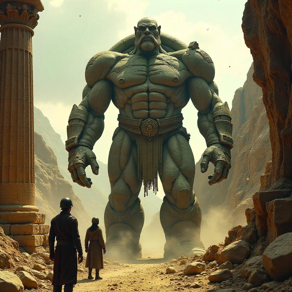 Photorealistic Golem in Ancient Ruins at Dusk
