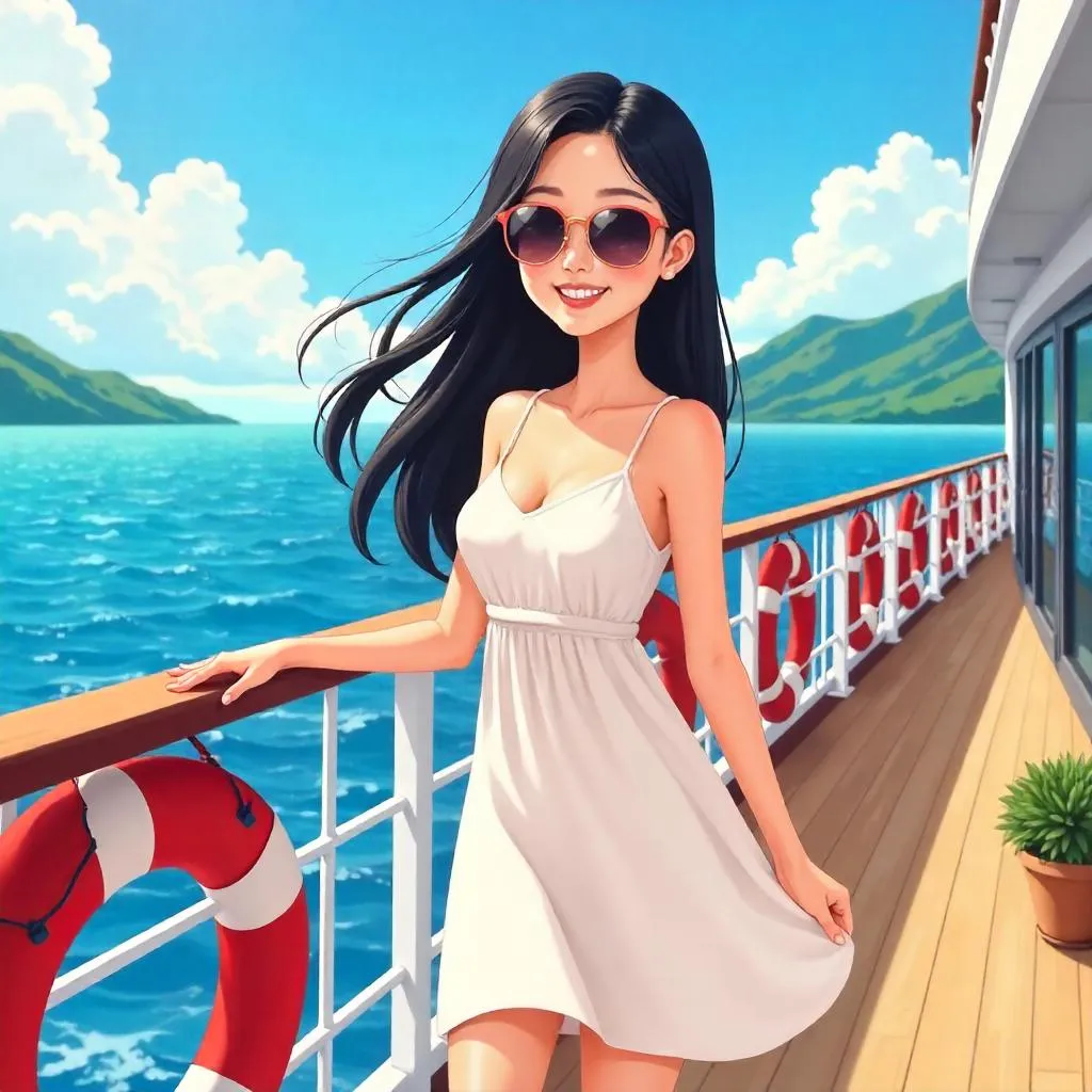 Cartoon Asian Woman on a Sunny Cruise Ship