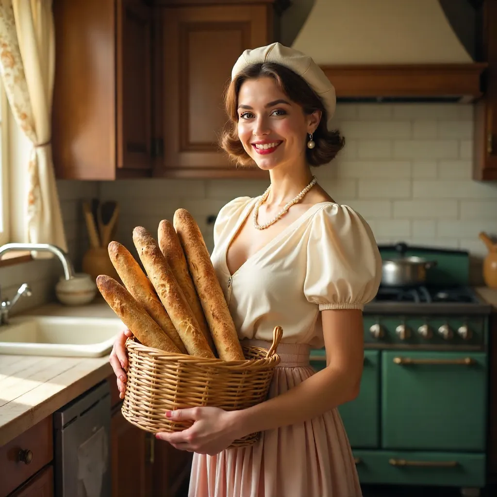 Stylish Woman with Baguette Basket in Cozy Vintage Kitchen