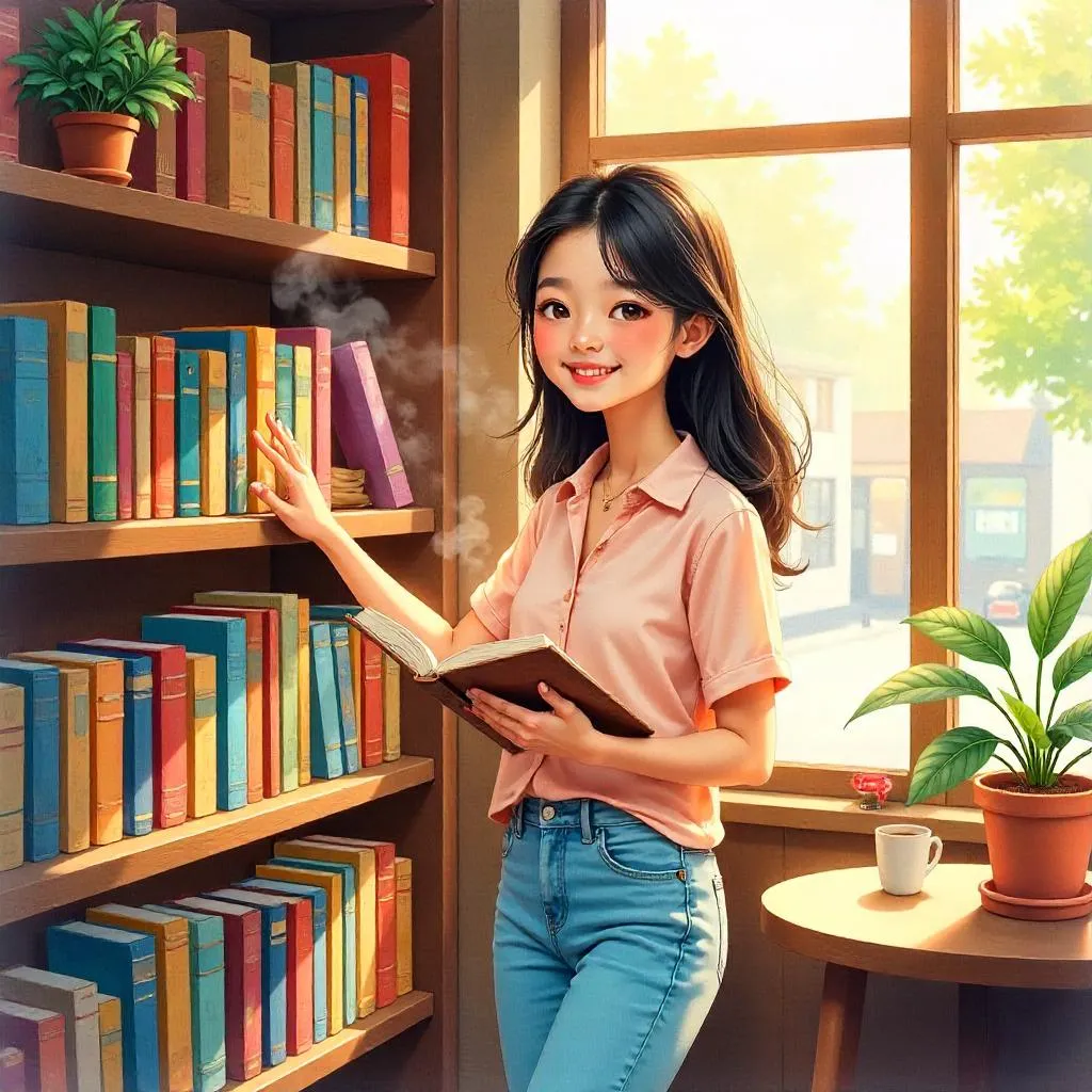 Cheerful Asian Girl Among Watercolor Bookshelves
