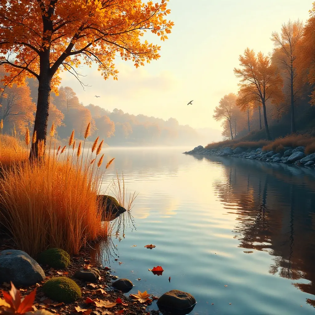 Golden reeds by a tranquil autumn riverbank