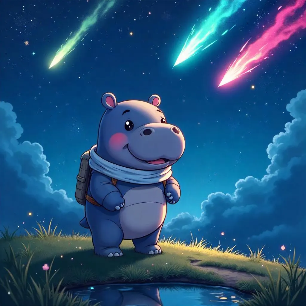 Hippo Under Neon Meteor Shower - Anime Style