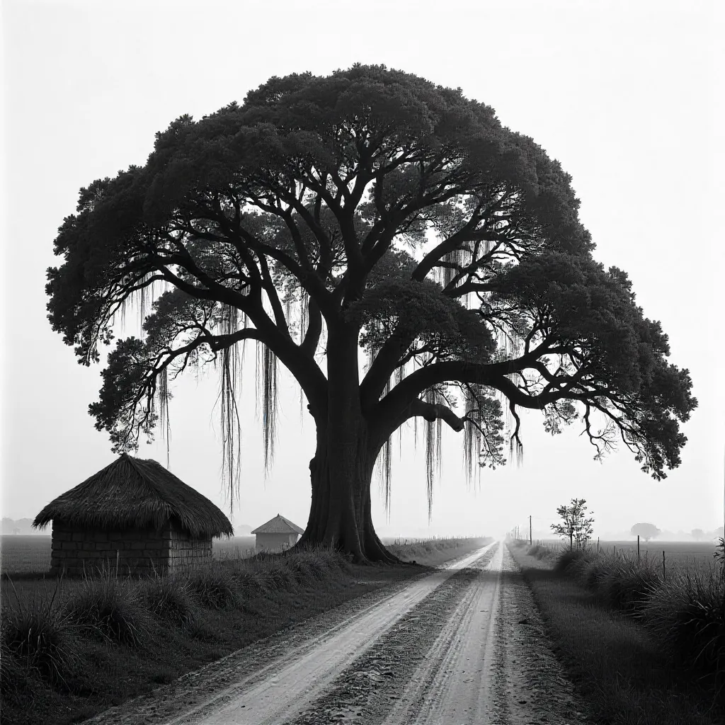 Serene Lone Banyan in Pabna, Bangladesh (BW)