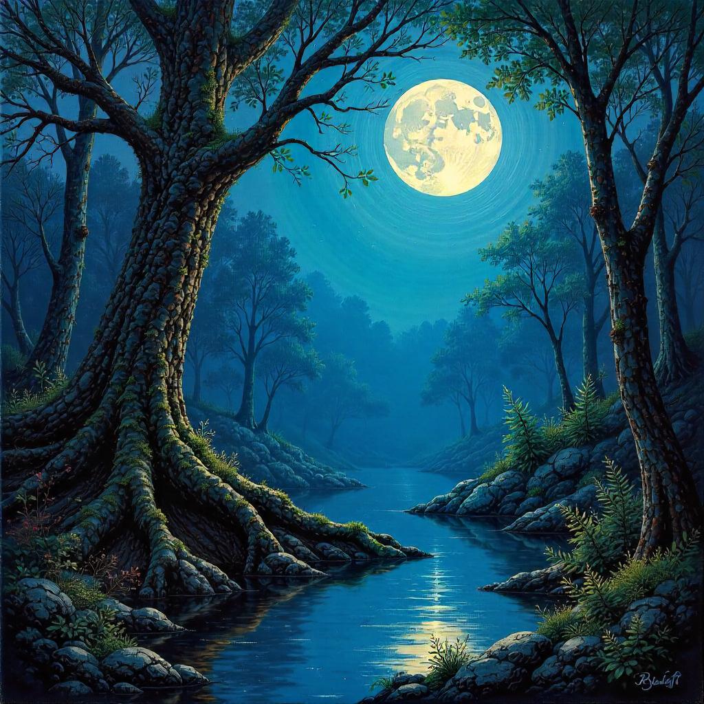 Moonlit Forest in Oil: Mystic Night