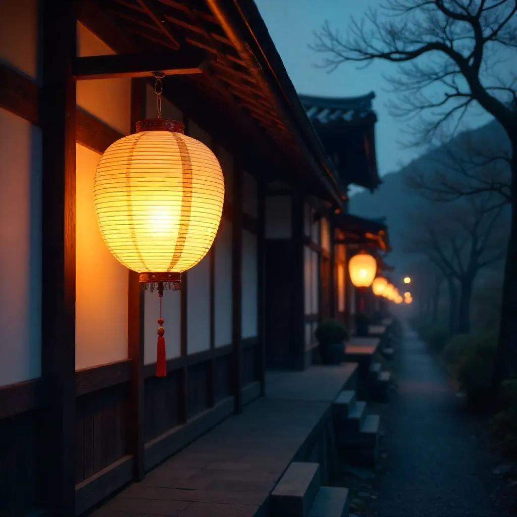 Warm Glow of a Japanese Lantern by a Traditional Building