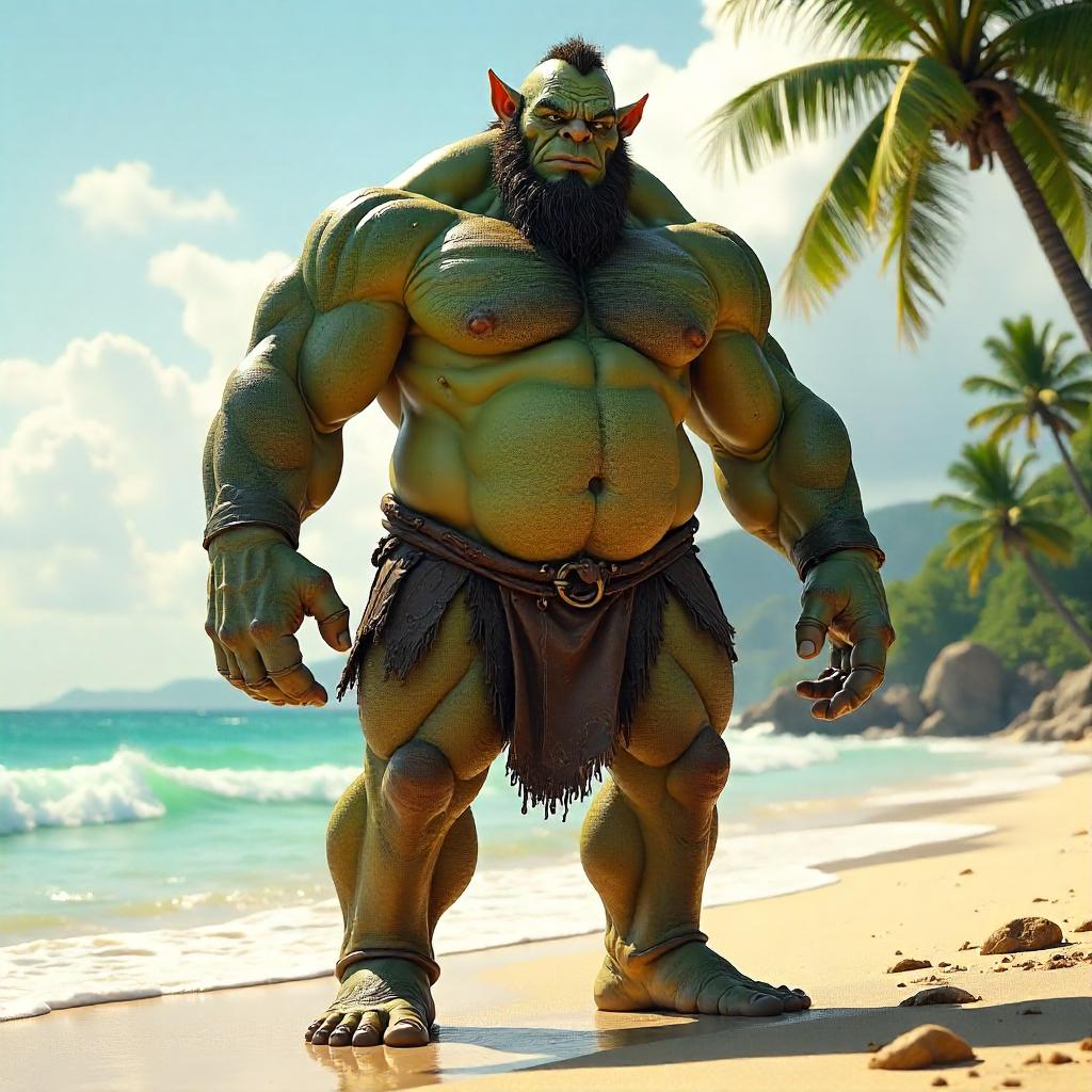 Ogre on a Sunlit Beach: 3D Render