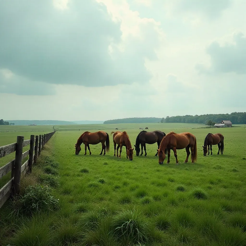 Brown Horses Grazing on a Vast Cloudy Pasture