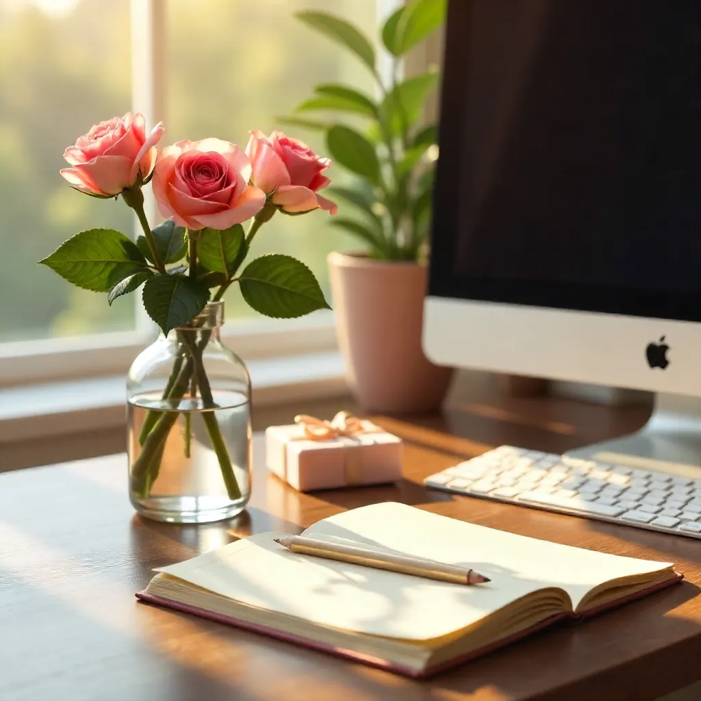 Elegant Rose-Accented Desk Setup with Gift and Notebook