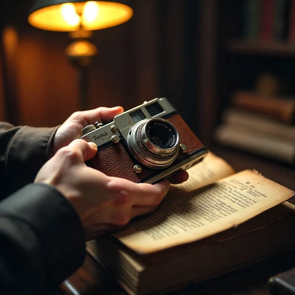 Nostalgic Hands Holding Vintage Camera and Book