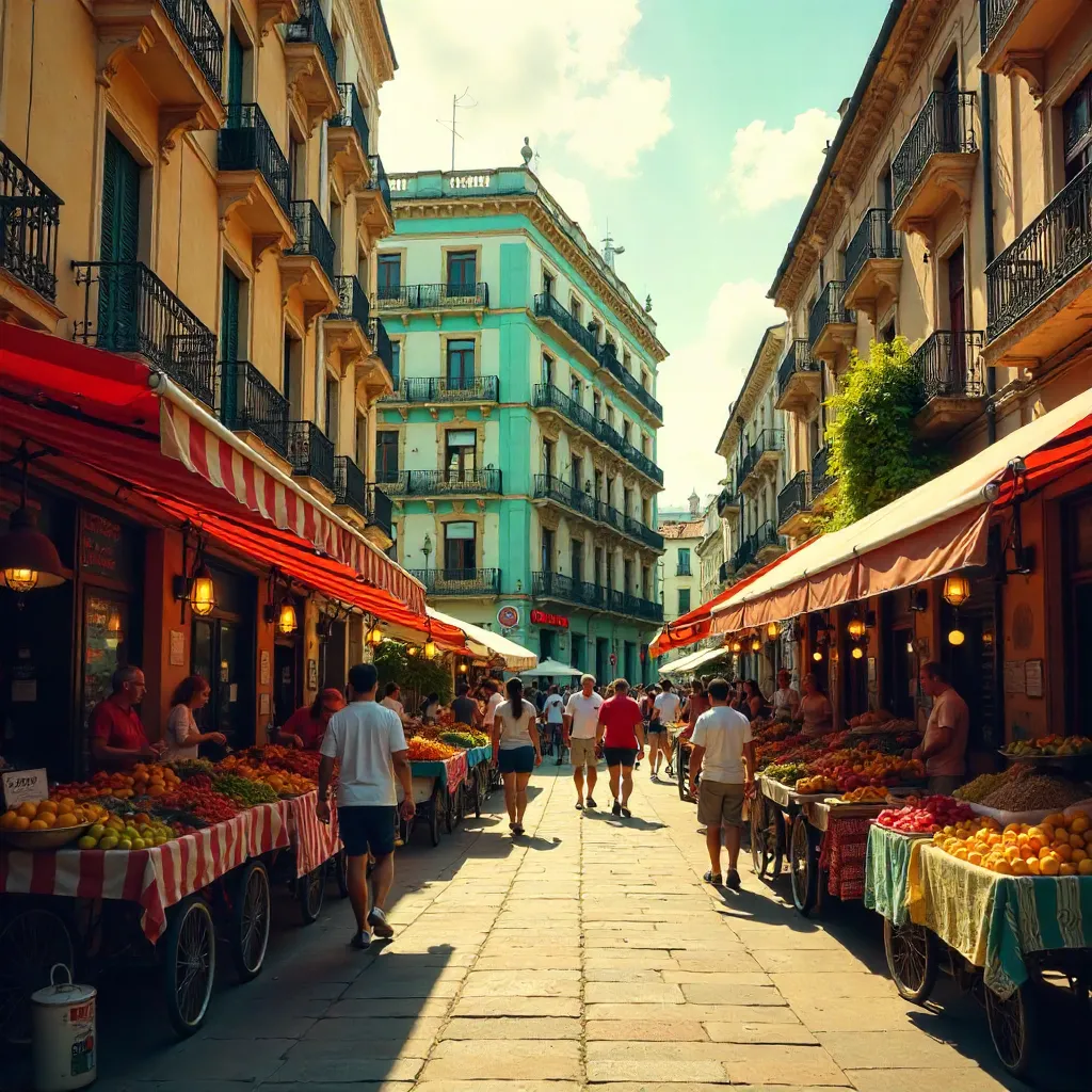 Colorful Urban Market by a Vintage Apartment Block