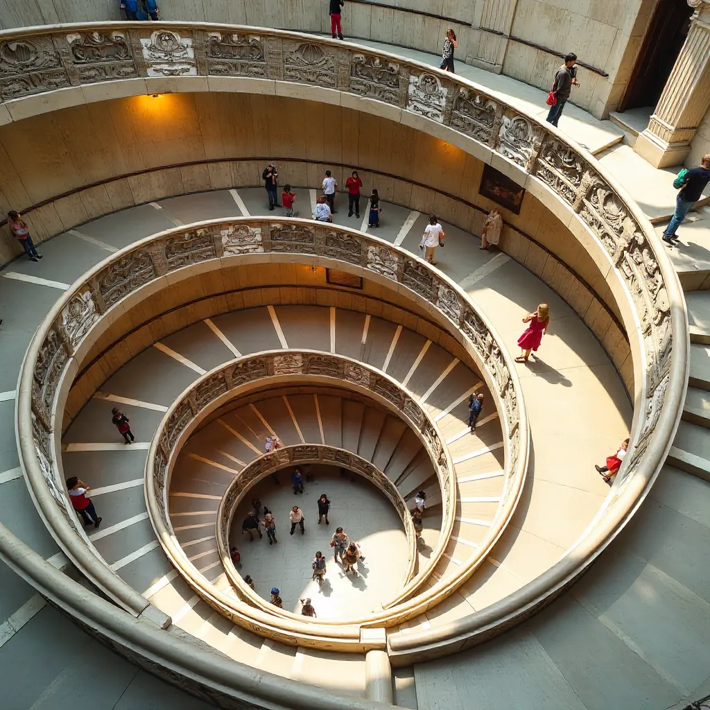 Iconic Vatican Museums Spiral Staircase with Tourists