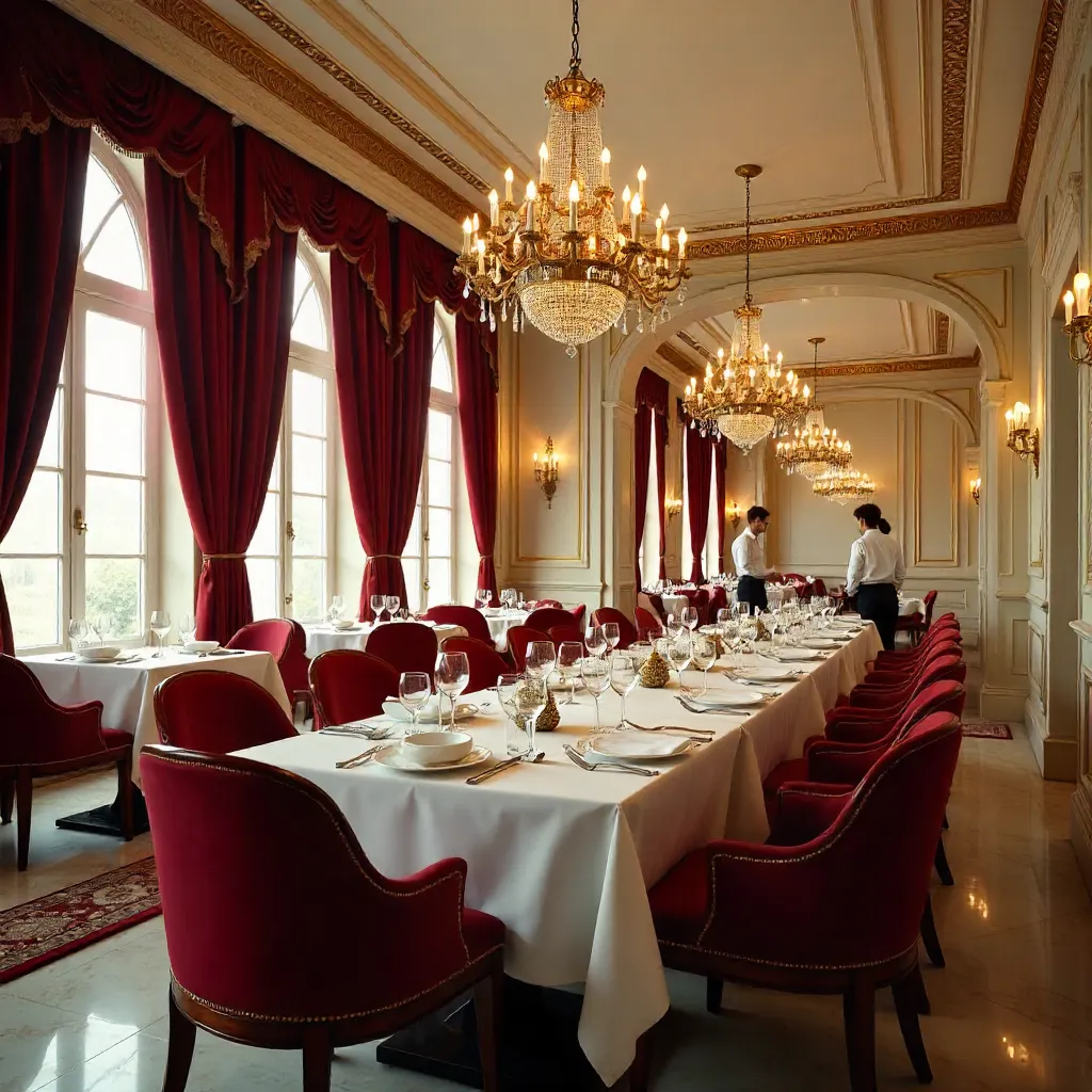 Luxurious Dining Room in Vonnas with Red Chairs and Chandeliers