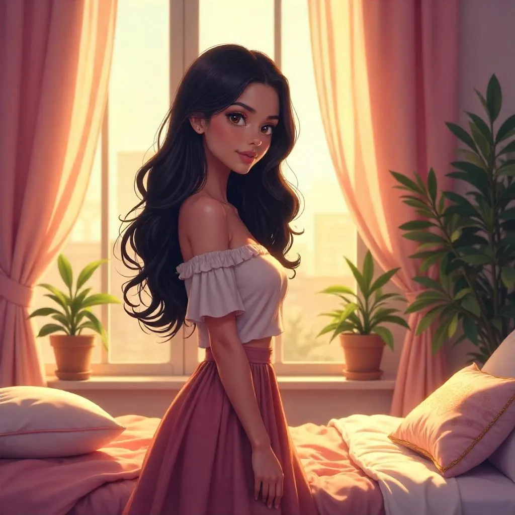 Latina Anime Beauty in a Cozy Bedroom