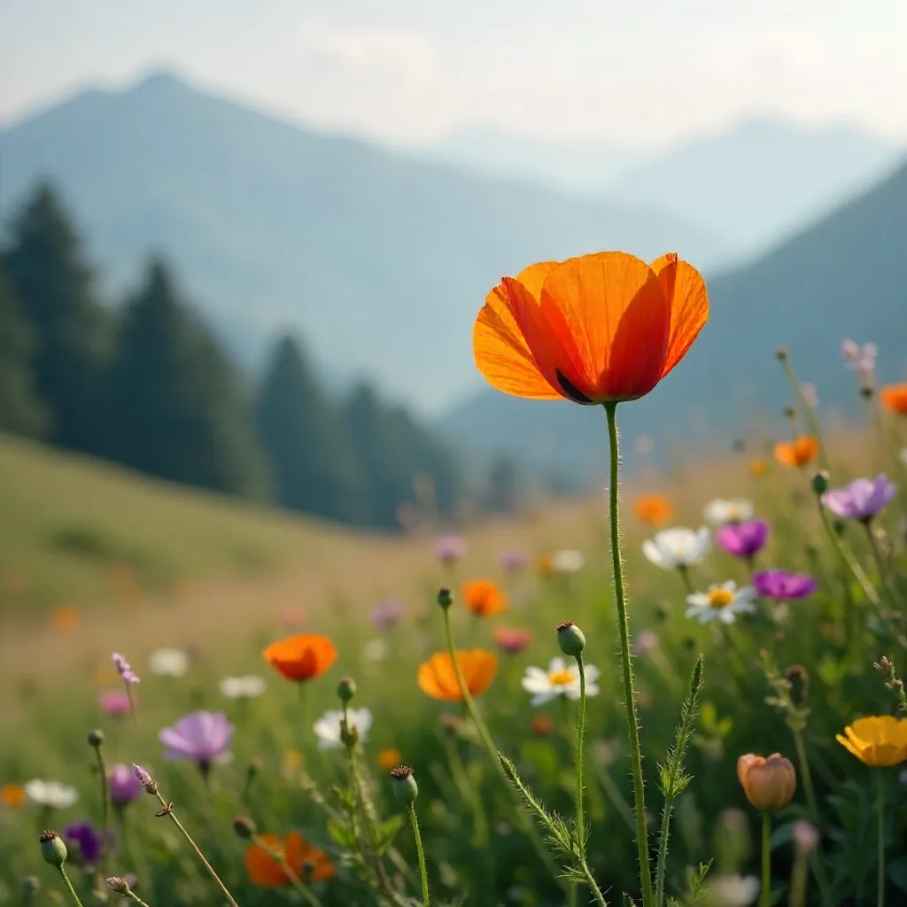 Vibrant Orange Poppy in a Misty Spring Meadow