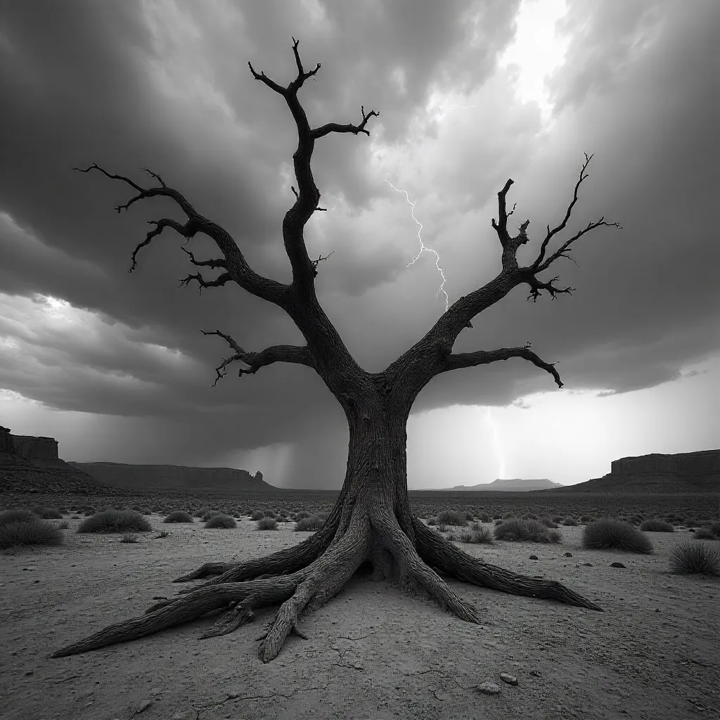 Storm-Scarred Dead Tree in Monochrome Utah