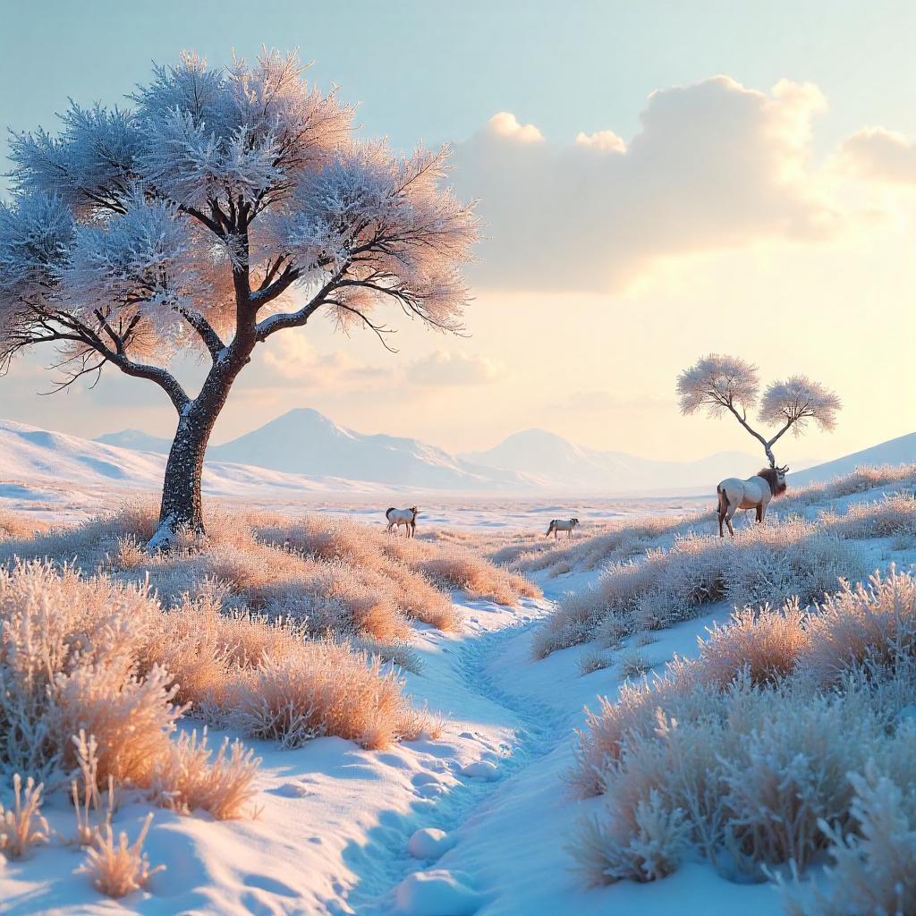 Snowbound Savanna: A 3D Rendered Mirage