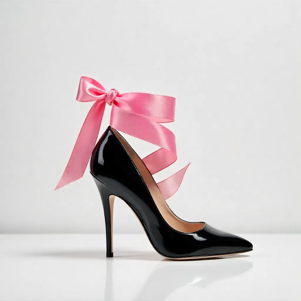 Black Pointed-Heels with Pink Ribbons on White Backdrop