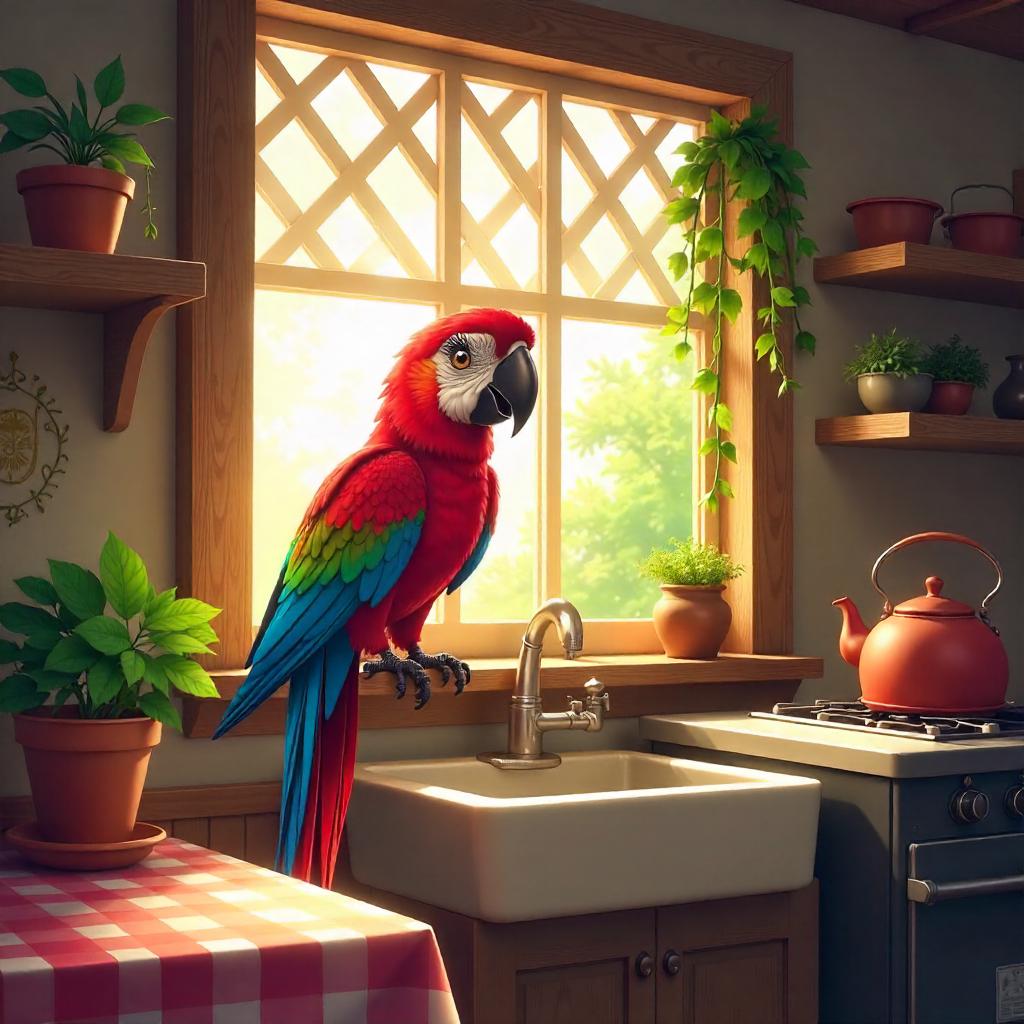 Anime Parrot in a Cozy Farmhouse Kitchen
