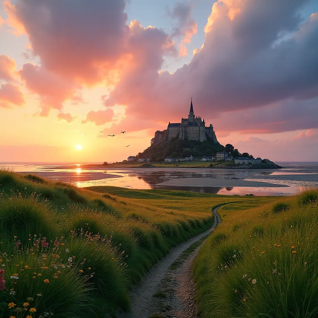 Sunset over Mont Saint-Michel and Emerald Fields