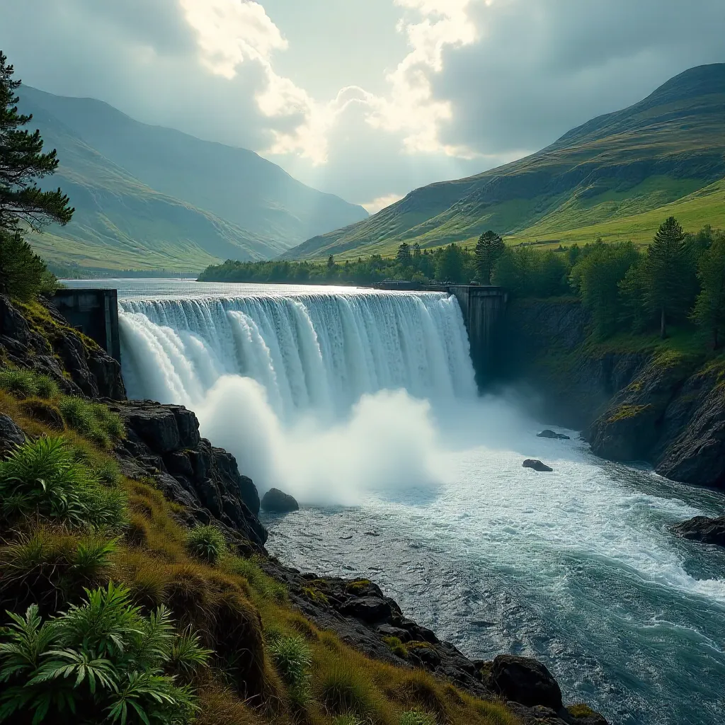 Majestic Highland Dam Releasing Water in a Lush Forest