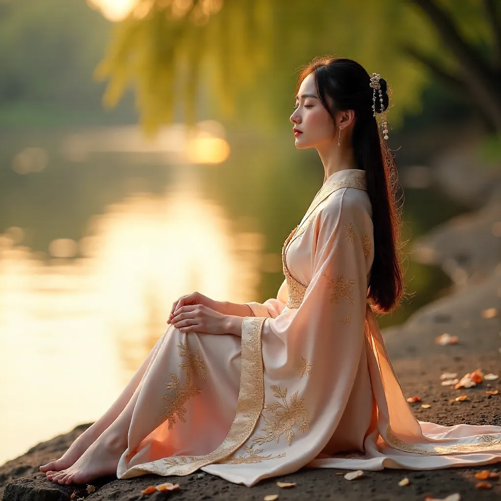 Riverside Serenity: Silk Hanfu Portrait