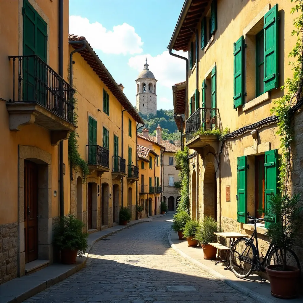 Quaint Siena Street in Spain: Green-Shuttered Historic Facades