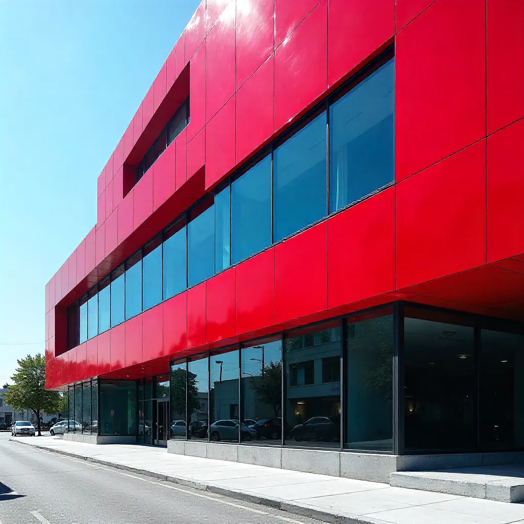Crimson Modern Facade with Reflective Glass