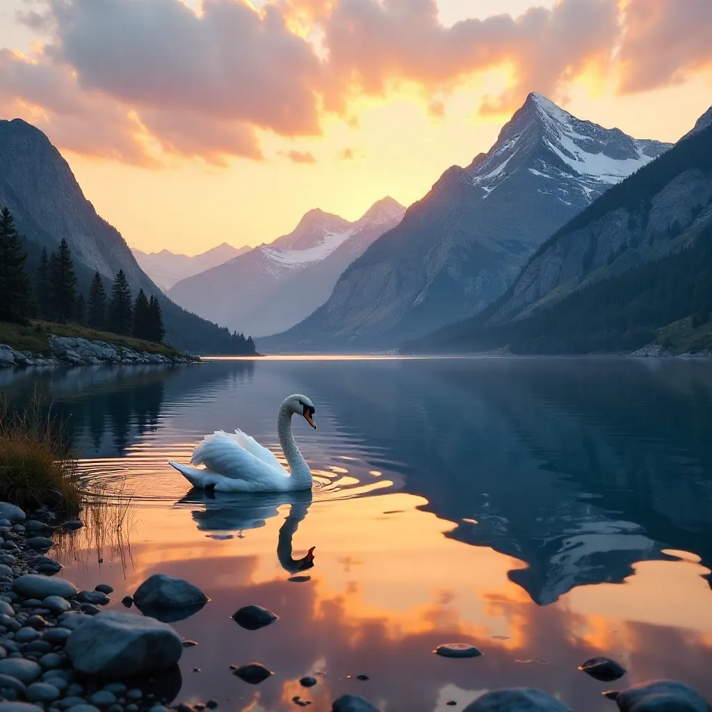 Sunset Swan on a Mountain Lake